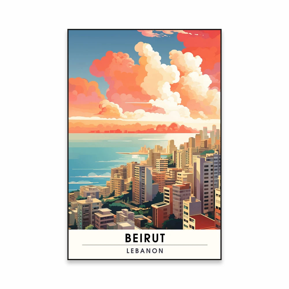 Vintage-inspired poster of Beirut, Lebanon, featuring a colorful coastal cityscape with high-rise buildings and vibrant sunset clouds over the Mediterranean Sea.