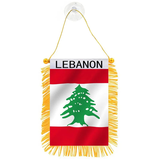 Lebanon mini hanging flag with yellow fringe and a suction cup attachment, featuring the Lebanese flag with its green cedar tree, ideal for car mirrors or home decor.