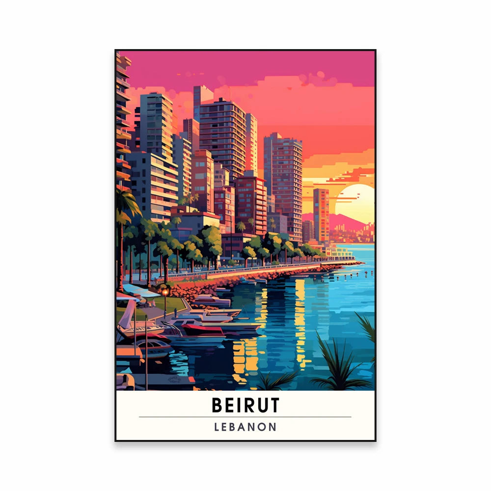 Vintage-inspired poster of Beirut, Lebanon, featuring a colorful coastal cityscape with high-rise buildings and vibrant sunset clouds over the Mediterranean Sea.