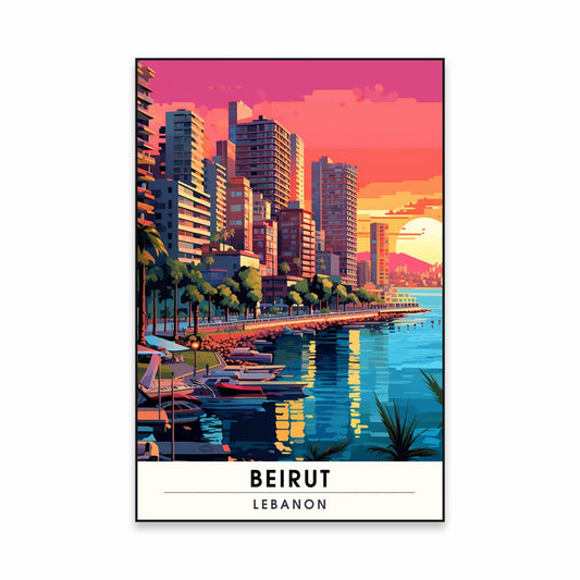 Vintage-inspired poster of Beirut, Lebanon, featuring a colorful coastal cityscape with high-rise buildings and vibrant sunset clouds over the Mediterranean Sea.